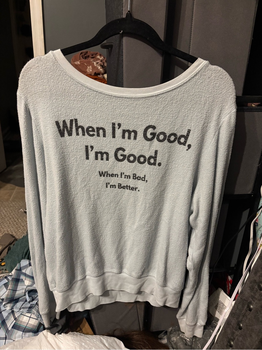 Wildfox Light Blue Graphic Crewneck Sweatshirt - 'When I'm Good, I'm Good.'